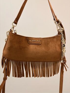 Madden Girl Cognac Fringe Suede Shoulder Bag with Charm Accents - New
